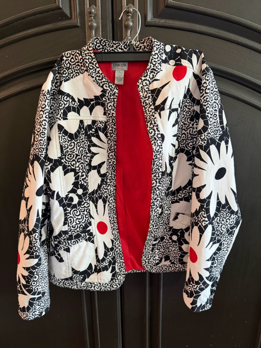 Chico's Black & White Floral Jacket with Red Accents